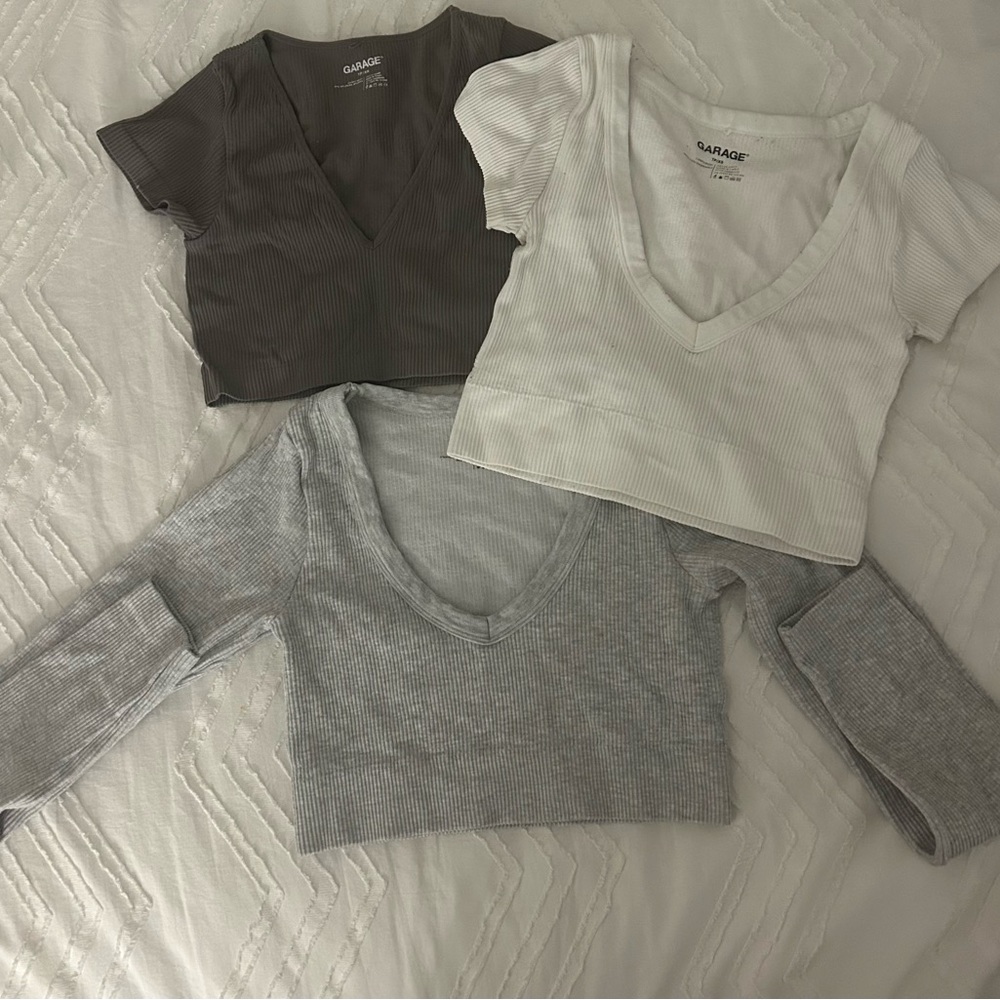 Garage Women's V-Neck Ribbed Crop Tops - Cream, Gray, Dark Grey - Picture 1 of 8